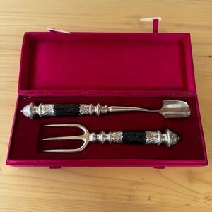 Victorian Meat Fork and Cheese Scoop Silver Plate Stag Horn Handles in S…